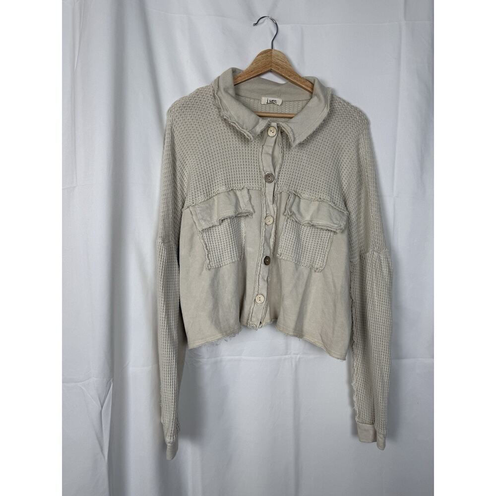 j. HER Waffle Knit Button-Up Shacket Women’s Large White Textured Raw Hem Cotton